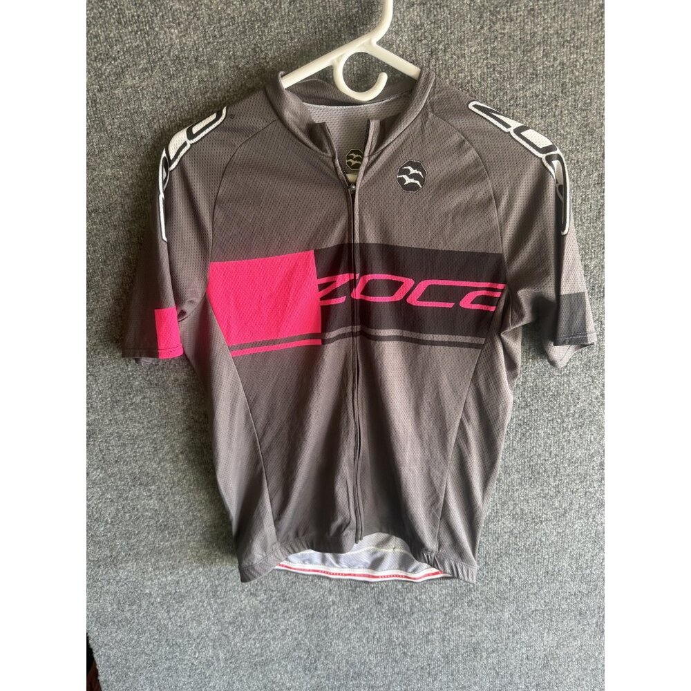 ZOCA Cycling Jersey Mens Medium Gray Pink Full Zip Short Sleeve Pockets USA
